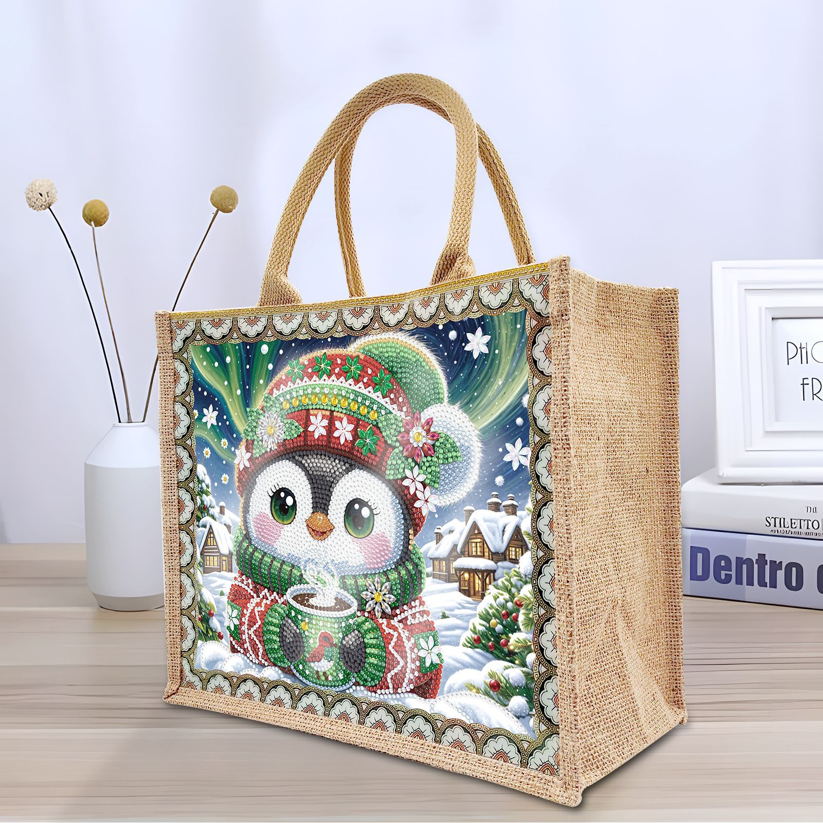 Pintura de diamantes DIY periferia pintura de diamantes bolsa de lino bolsas de caricatura ecológicas reemplazables fondo al por mayor