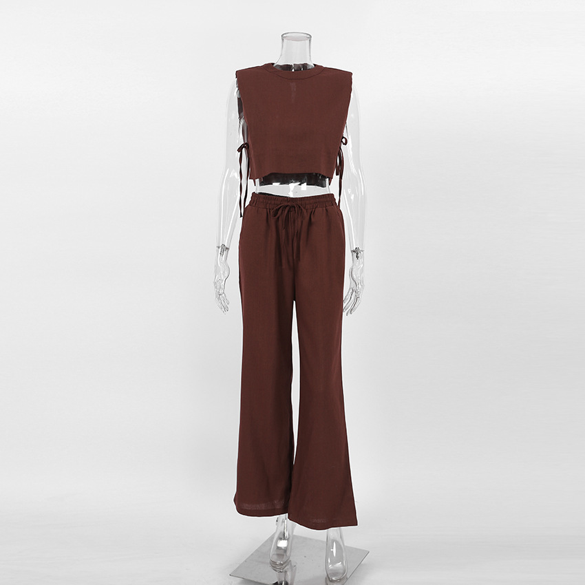 350g Weight Sleeveless Sleeve Length Polyester Fabric Type Pant Co-ord Set Sets Type 2 Pieces Set Quantity Holiday Occasion Round Neck Neckline Comfort Function Regular Fit Fit Type Solid Color Pattern Summer Season Women's Gender Streetwear Style Holiday Women's Streetwear Solid Color Polyester Pant Co-ord Set Pants Sets 4