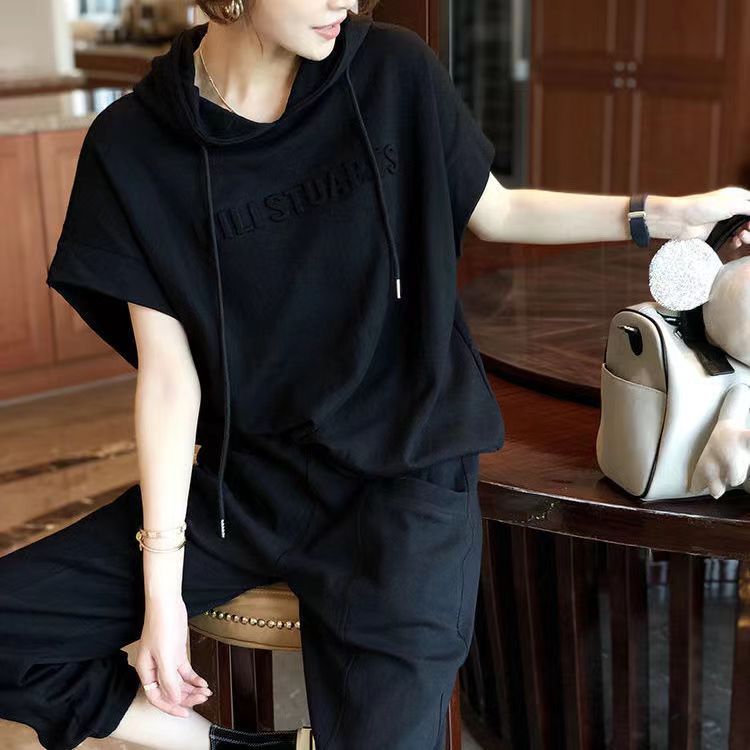 Women's Sports Casual Hooded 2026 Summer New Loose Versatile Short Sleeve Plus Size Two-Piece Set Cross-Border Wholesale_ecoleips.com