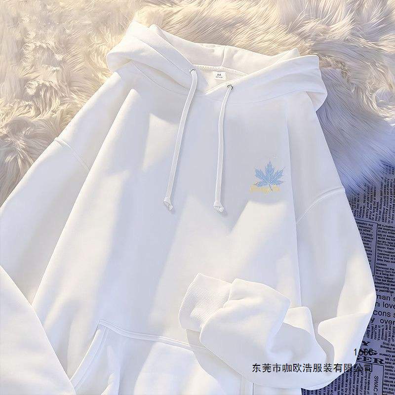 New Hong Kong-style retro blue maple leaf hooded sweatshirt for men and women students, loose-fitting casual couple's top for autumn and winter