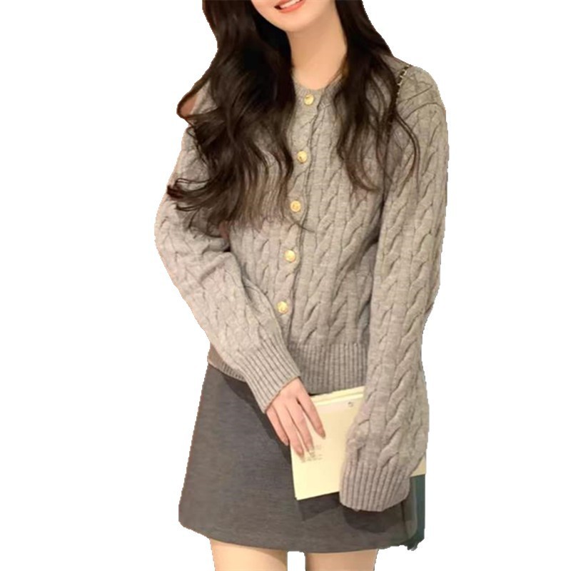 早秋2025新款内搭学生短款穿搭上衣灰色麻花针织毛衣开衫外套女|undefined