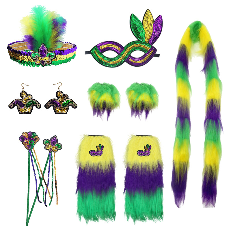 Nuevos productos transfronterizos Mardi Gras set de sequillas oro violeta verde fiesta de baile disfraz de bar espectáculo