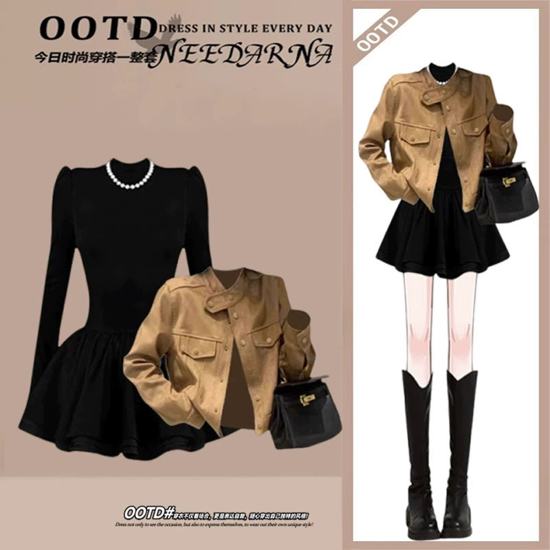 Весенний и осенний корейский отдел носит полный набор женщин 2025 новый темпераментный кардиган куртка тонкое платье из двух частей