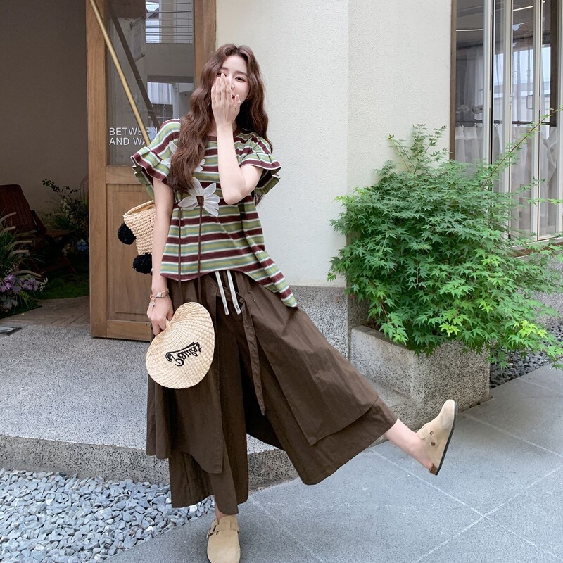 Plus-Size Women's 150kg Korean-Style Striped Irregular T-Shirt Set, Summer Fashion Loose Wide-Leg Pants Two-Piece Set