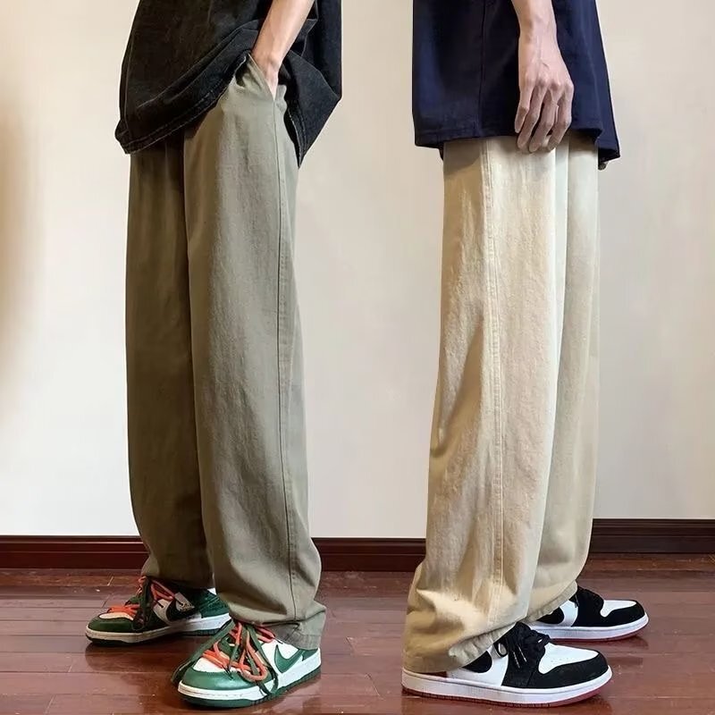 Men's Casual Pants Summer New Hong Kong Style Trendy Loose Straight Leg Pants Teenager Solid Color Cotton Wide Leg Pants
