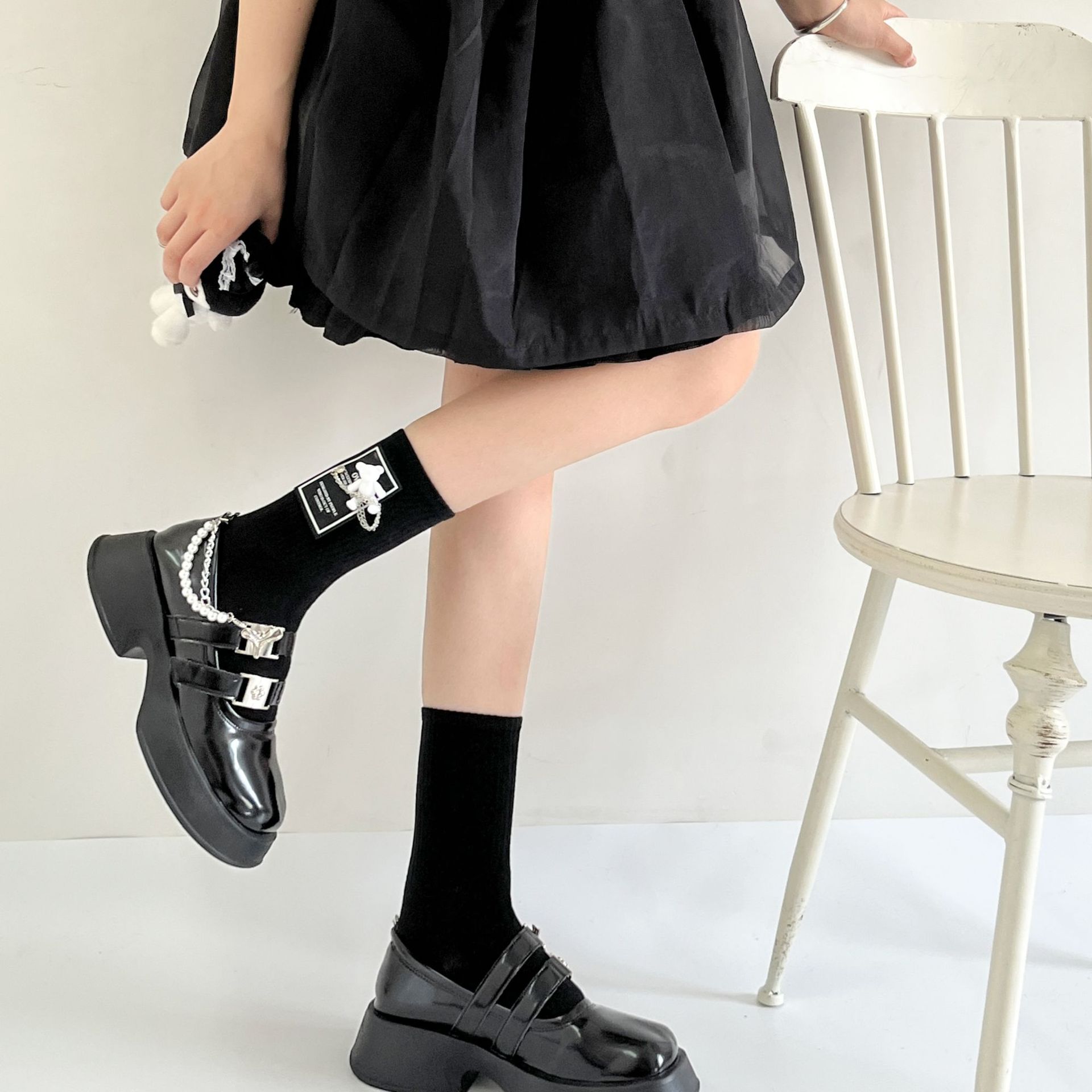 Little Bear Sweet Spicy Middle Socks Cotton Black And White Simple Style Vertical Stripe Drop Label Socks
