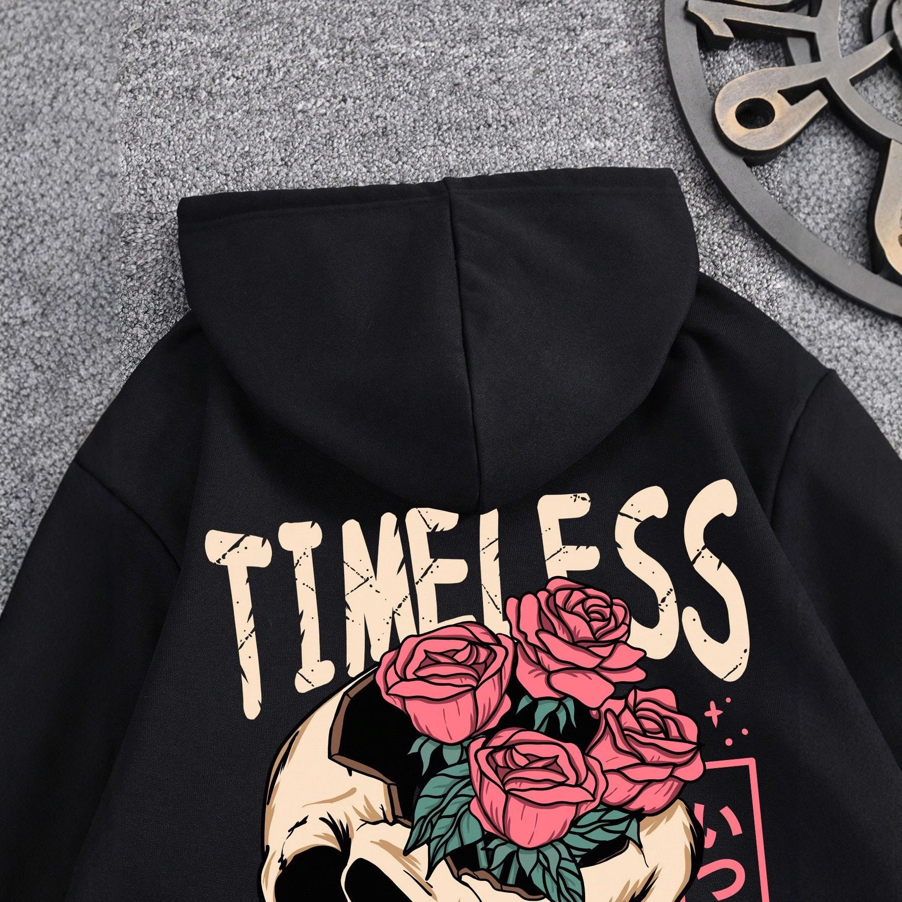 Felpa con cappuccio spessa, nuova, autunno inverno, versatile, ampia, con stampa floreale e teschio, per donna_voghion.com