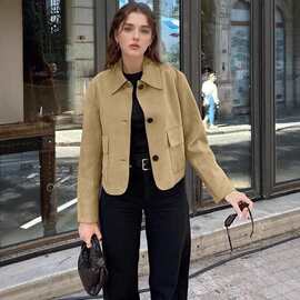 跨境欧美麂皮绒风衣女士外套春秋新款女装欧美纯色时尚夹克外套