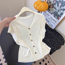 韩系冰丝亚麻薄款针织开衫女夏季小飞袖V领正肩短袖t恤高级感上衣