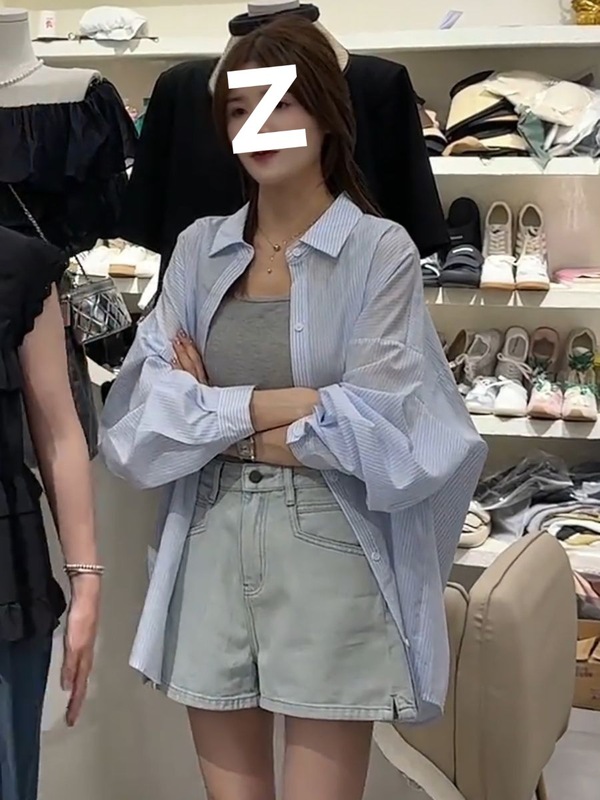 长袖防晒衫蓝色衬衣外套女2025春夏季新款设计感宽松显瘦衬衫上衣|undefined