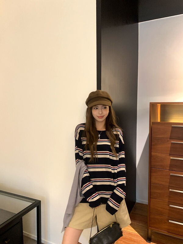 慵懒风撞色条纹长袖针织衫女早秋薄款防晒罩衫宽松休闲松弛感上衣|undefined
