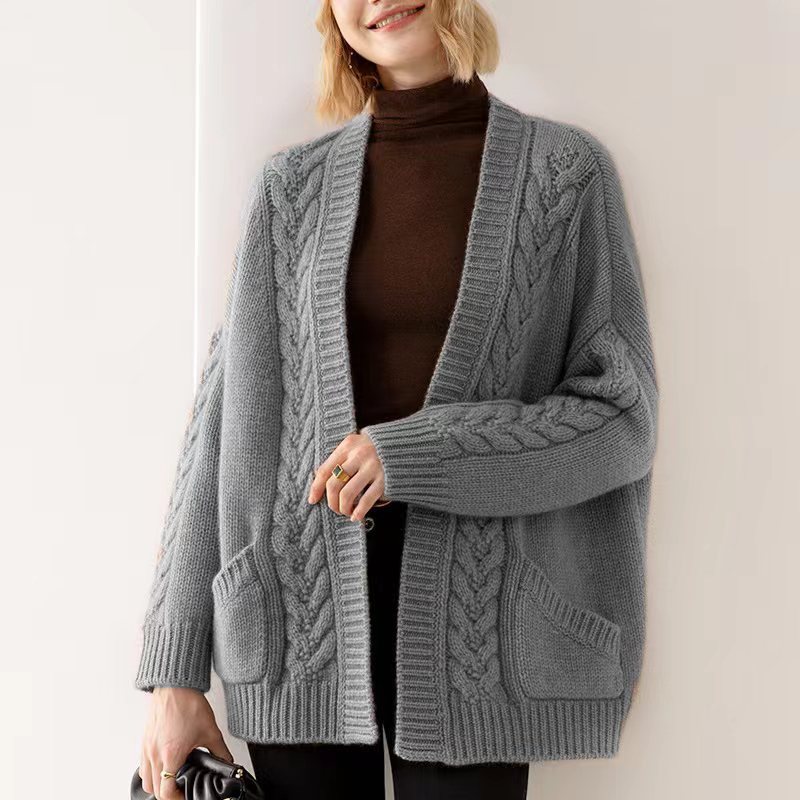 Europa y los Estados Unidos transfronterizos V-collar temperamento cardigan de punto 2024 otoño y invierno nuevo suéter largo y largo suéter chaqueta de mujer