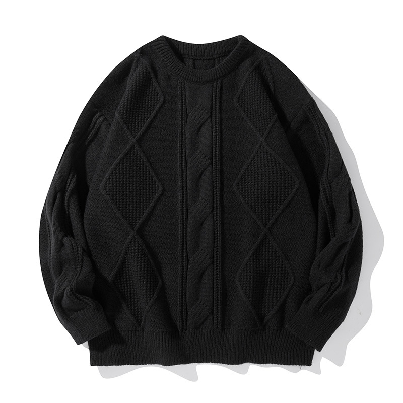 Pull en maille torsadée pour homme – Pull oversize à col rond et coupe décontractée pour l'hiver et l'automne (Noir/Beige/Marron/Kaki, M-XXL)_voghion.com