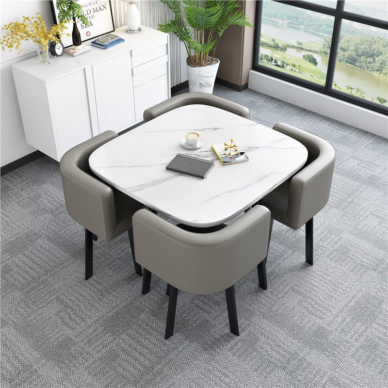 [Factory] 80 square table with imitation white stone pattern, light gray leather…