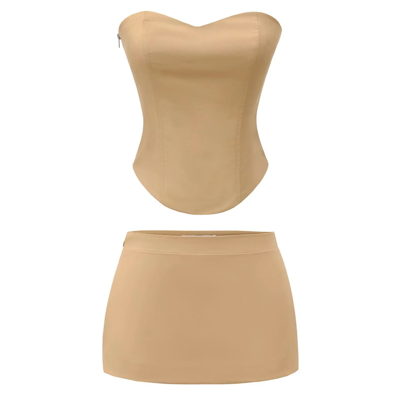 American-Style Spicy Girl Three-Dimensional Fishbone Corset Strapless Slim Camisole + Low-Waist Anti-Exposure Blazer Skirt Two-Piece Set American-Style Spicy Girl Three-Dimensional Fishbone Corset Strapless Slim Camisole + Low-Waist Anti-Exposure Blazer Skirt Two-Piece Set