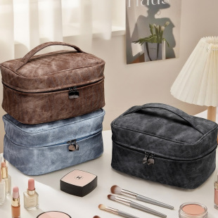 New Double Layer Denim Pattern Cosmetic Bag Travel Portable Storage Bag Simple and Practical Toiletry Bag Cosmetic Bag Large Capacity