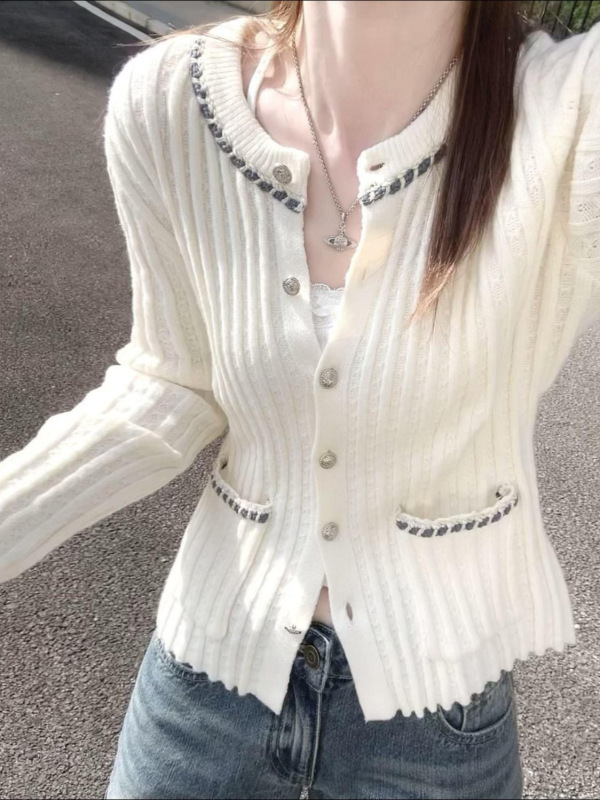 韩系小香风长袖白色针织开衫女2025早秋季新款爆款设计感外套上衣|undefined