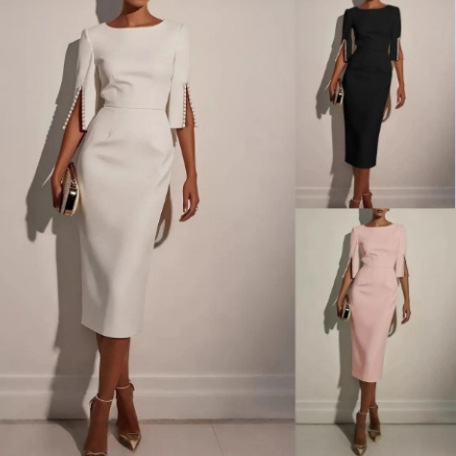 2025 New European and American Amazon Cross-Border Spring and Summer Pure Color Work Clothing Beaded Slim Elegant Dress for Women 2025 New European and American Amazon Cross-Border Spring and Summer Pure Color Work Clothing Beaded Slim Elegant Dress for Women