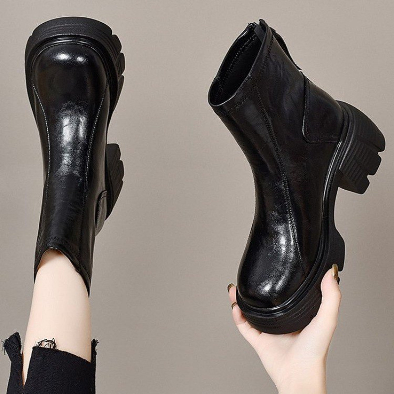 Thick-Soled Boots for Women 2025 New Autumn and Winter British Style Platform Genuine Leather Slim Boots Spring & Fall Popular Small Short Boots