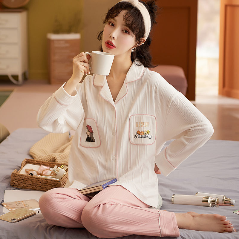 100% pijamas de algodón Primavera y otoño de las mujeres de manga larga coreana dulce princesa estilo cardigan desgaste del hogar traje de dos piezas