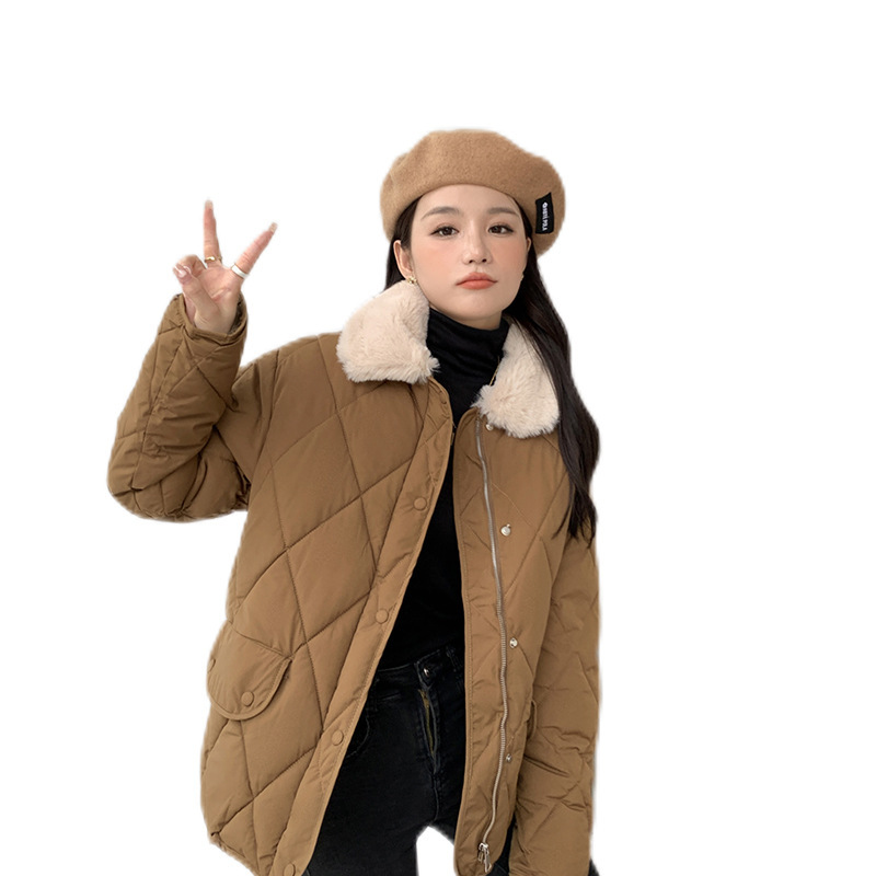 Xiaoxiangfeng 綿服スプライシングラムウール襟軽量菱形綿服女性の秋と冬の新しい韓国スタイルカジュアル暖かい綿ジャケット|undefined