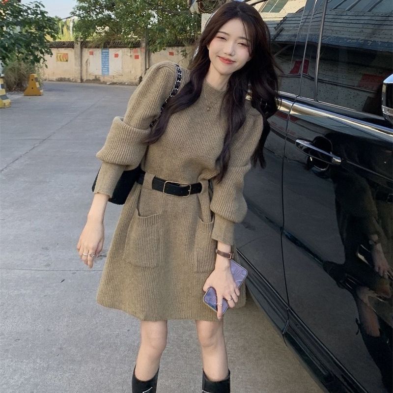 富家千金连衣裙腰带女高级感气质名媛炸街裙子配大衣中长款毛衣裙|undefined