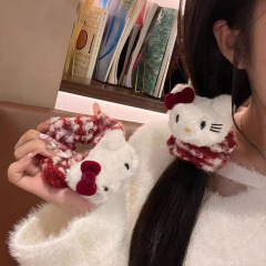 秋冬酒红色KT猫大肠发圈发绳毛绒蝴蝶结少女小众韩版百搭丸子头