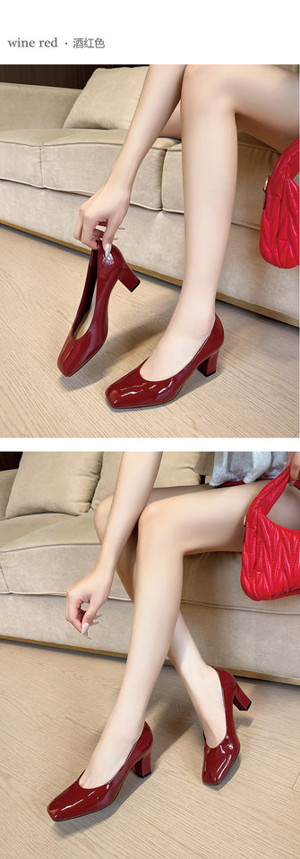 Giày cao gót nữ mũi vuông gót dày da sáng chế thanh lịch công sở, gót 6–8 cm — Màu trắng nhạt, rượu vang đỏ, đen chi tiết 9
