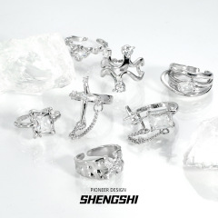 Korean version of ins niche design, high-end, sweet and cool personality cross chain open ring for women, non-fading wholesale