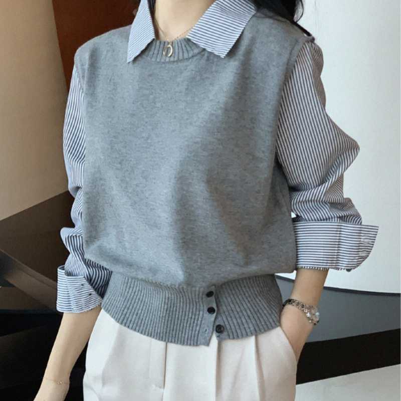 Autumn New Style French Splicing Knitted Fake Two-Piece Striped Shirt Women's High-End Design Long-Sleeved Knitted Top