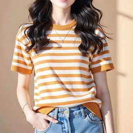 橘白撞色条纹短袖女2025新款修身显瘦正肩圆领针织T恤小香风内搭