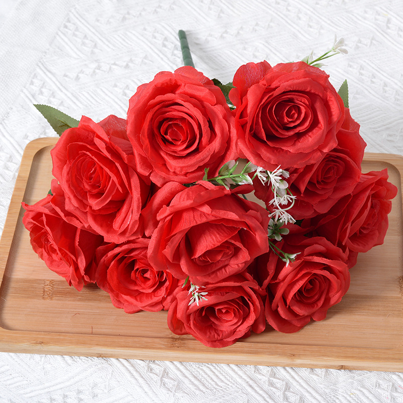 10頭把束玫瑰仿真花婚慶 家居客廳裝飾假花人造法式玫瑰花批發