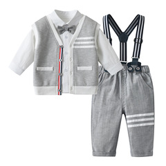 2024春秋新款紳士男寶套裝長袖領結襯衣背心背帶褲百天周歲禮服