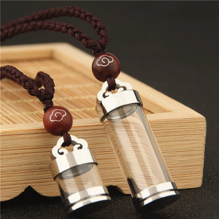 Transparent Opening Pendant, Tidium Steel Necklace Bottle with Chain, Cinnabar Accent