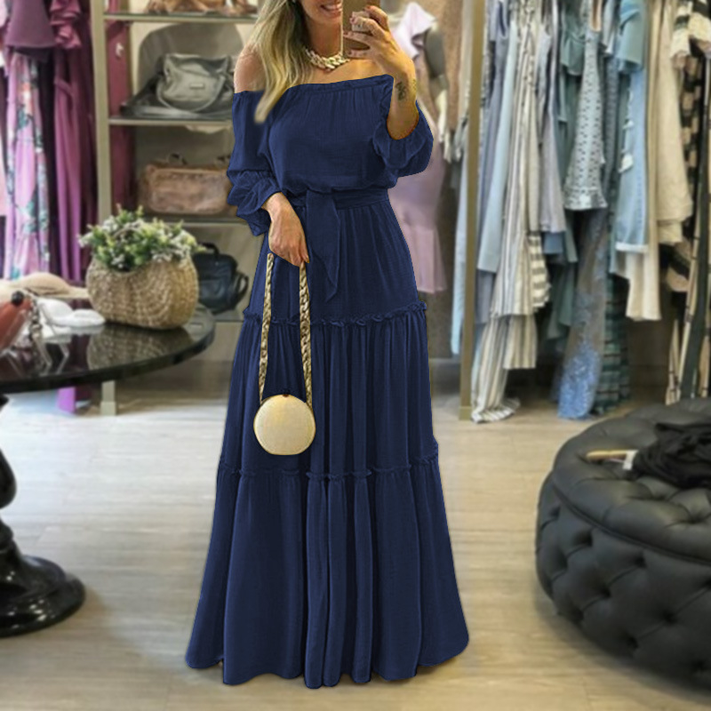 Women's Pleated Skirt Casual Fashion Boat Neck Splicing Ruffles Folds Long Sleeve Solid Color Maxi Long Dress Holiday Daily display picture 4