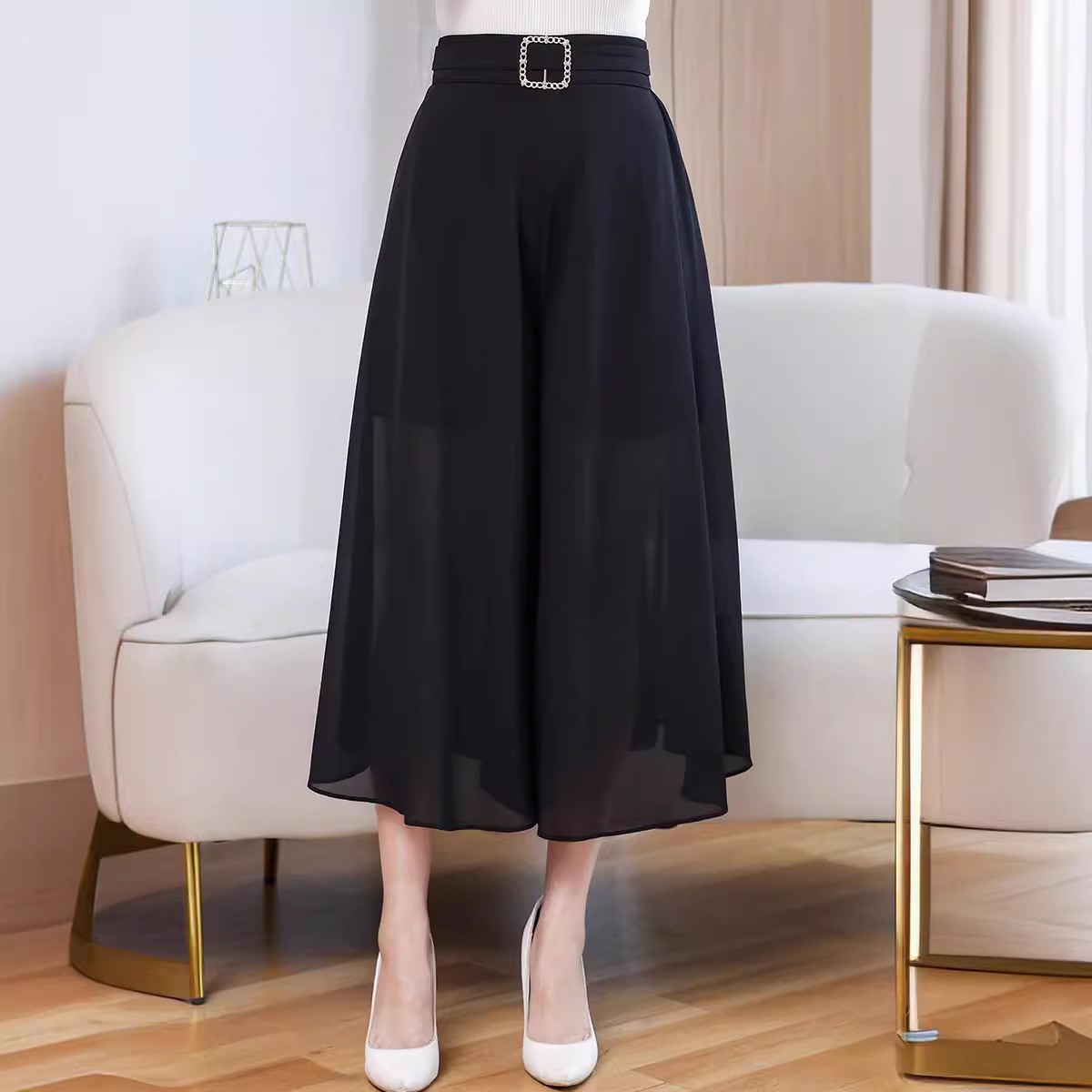 女士雪纺高腰显瘦阔腿裤半身裙裤大码中长款垂感松紧腰宽松休闲裤