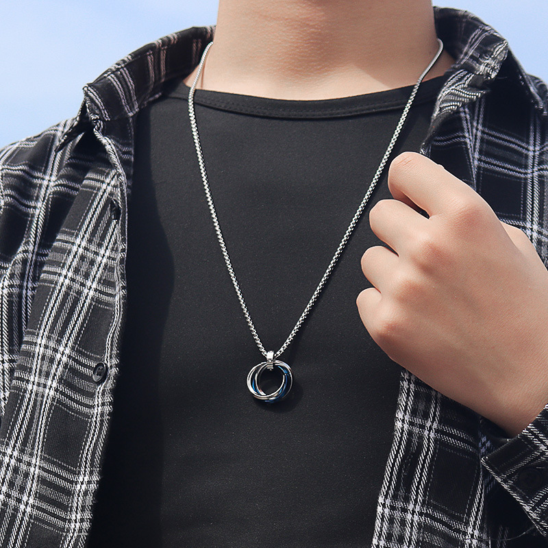 Stainless three ring hot selling, simple and non fading hip-hop style, titanium steel necklace with diamond pendant for_voghion.com