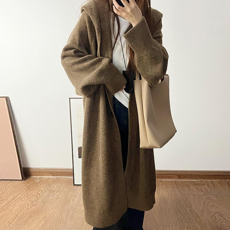 秋冬慵懒风长款毛衣开衫外套蝙蝠袖女连帽宽松韩版针织大衣A6142|undefined