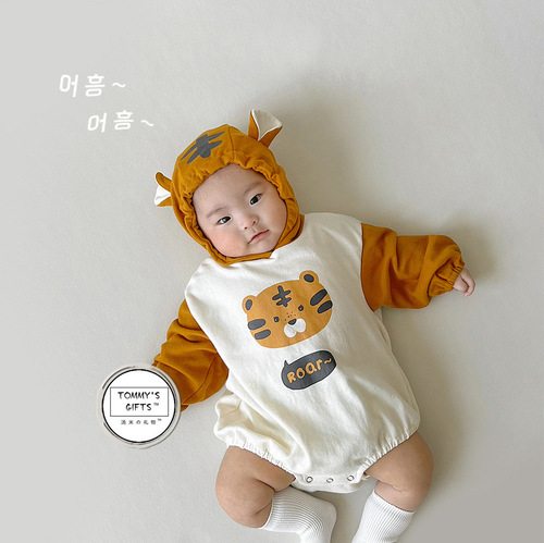 24 spring new Korean baby jumpsuit ins style tiger style hooded baby bag fart clothing baby harem