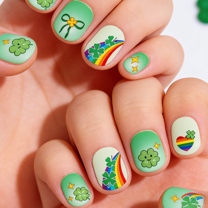 Cartoon Children's Nail Art Wearable Nail Pieces St. Patrick's Day Rainbow Clover Wholesale Removable Nails Cartoon Children's Nail Art Wearable Nail Pieces St. Patrick's Day Rainbow Clover Wholesale Removable Nails