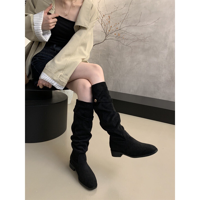 绒面瘦瘦靴卡其色堆堆骑士靴女2025新款秋冬季显瘦高筒粗跟长靴子|undefined