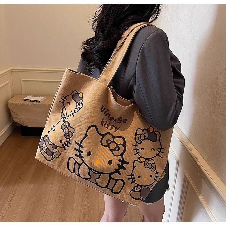 Cartoon canvas single-shoulder bag, women's large-capacity commuter tote bag, Spring/Summer 2025, cute cat tote bag, cross-border undefined