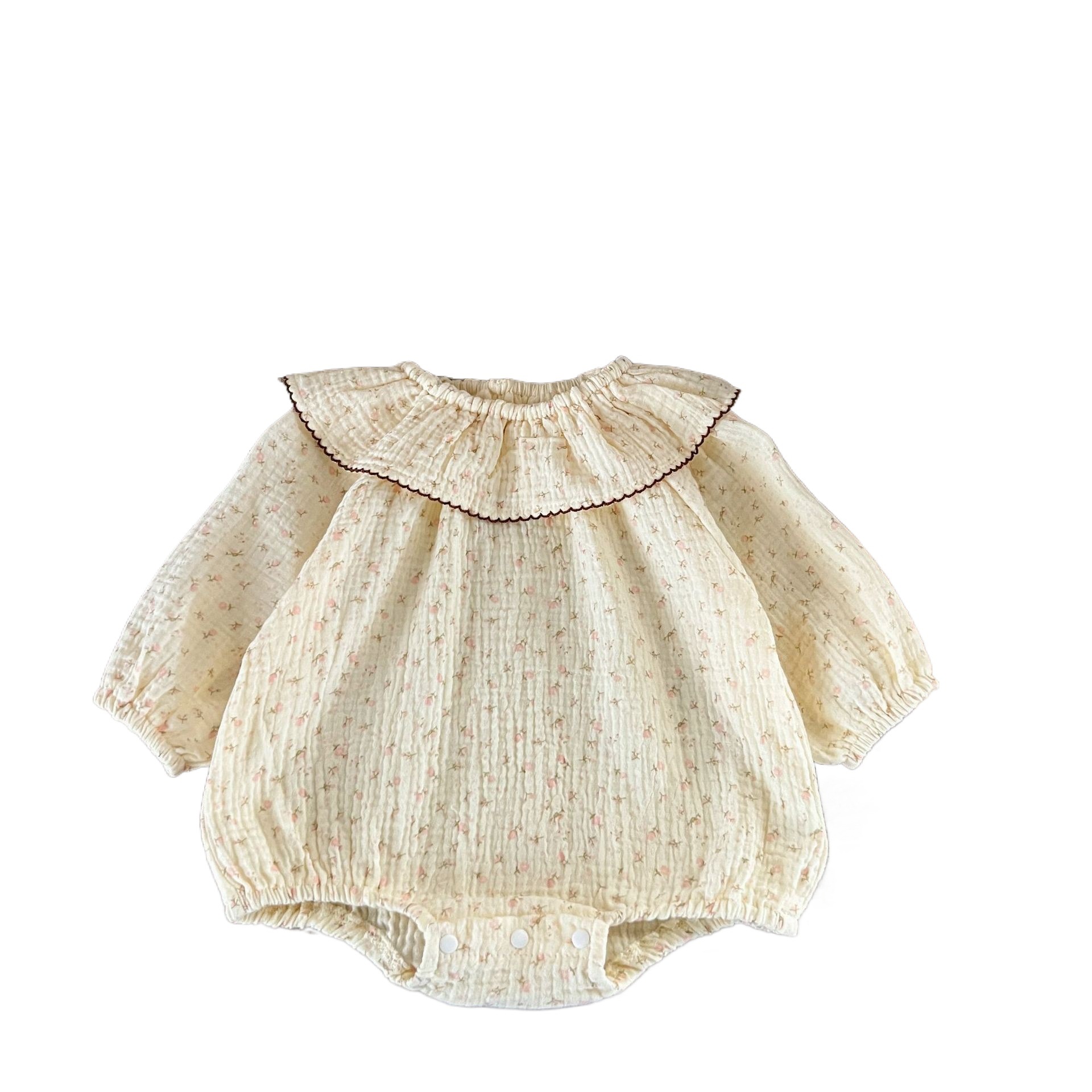 Ins coreano niña bebé algodón de doble capa arrugado cuello de hoja de loto floral mameluco de color de contraste mameluco recién nacido