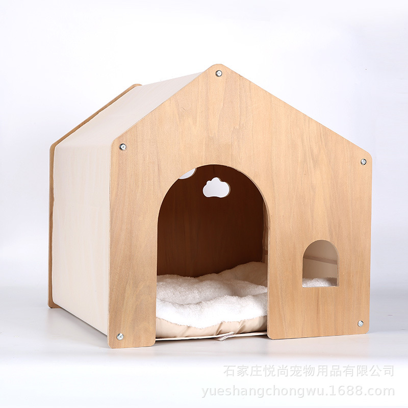 Casa de madera para gatos de alta calidad de pelo directo de fábrica, casa de parto para perros, cuatro estaciones, muebles de madera maciza ecológicos universales, extraíbles y lavables, no bochornoso