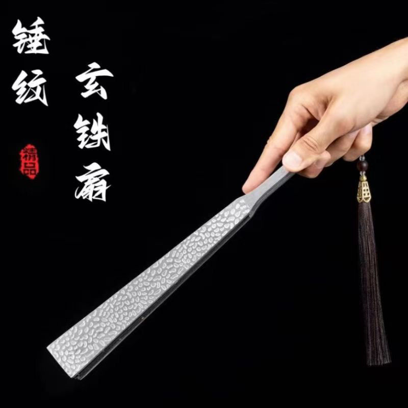 天龙黑金10寸加厚精钢防身太极功夫麒麟新中式国风铬钢绢布折扇|undefined