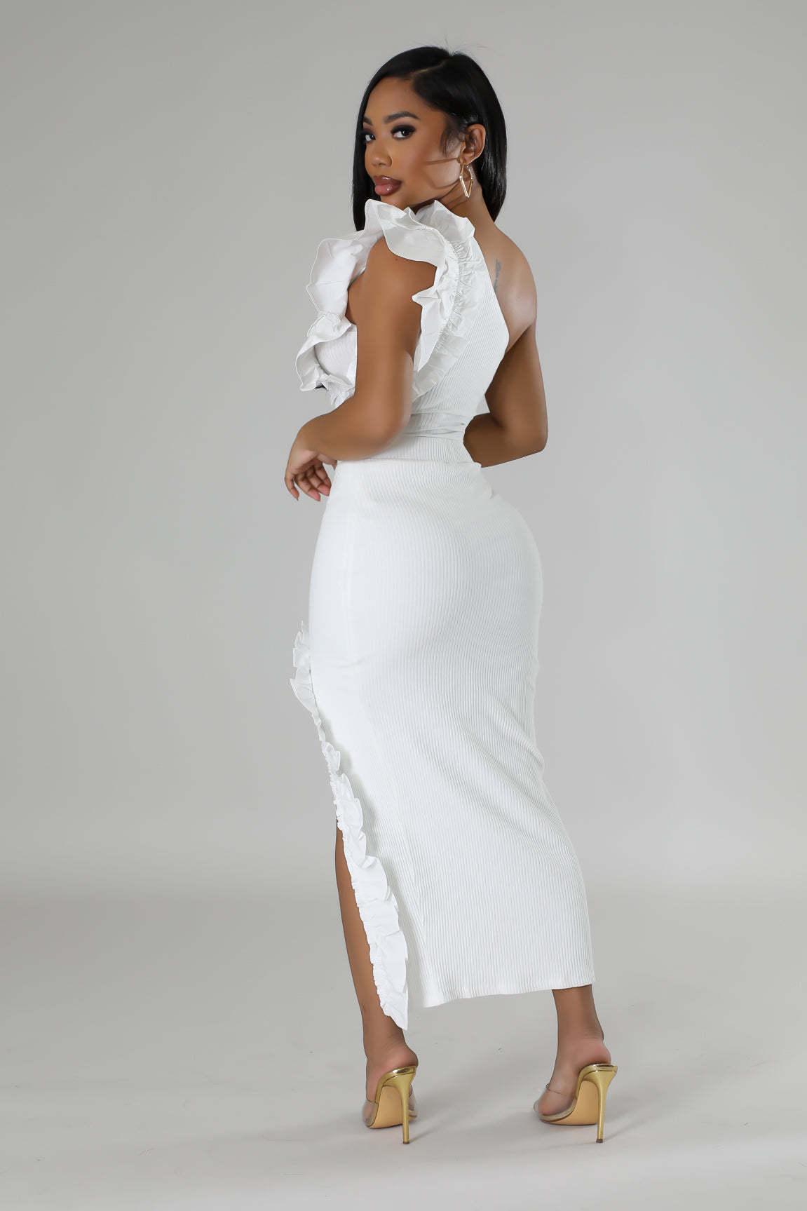 362g Weight Sleeveless Sleeve Length Polyester Fabric Type Skirt Co-ord Set Sets Type 2 Pieces Set Quantity Holiday Occasion One Shoulder Neckline Slim Fit Type Solid Color Pattern Summer Season Women's Gender Frill Design Elegant Style Holiday Women's Elegant Solid Color Polyester Frill Skirt Co-ord Set Skirt Sets 26