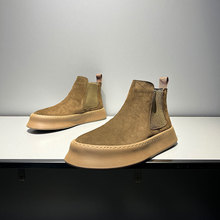 高帮皮面切尔西靴加绒厚底一脚蹬休闲百搭潮流板鞋轻奢日系男鞋子