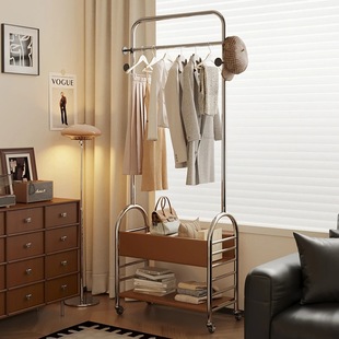 Leather Bag Coat Rack Light Luxury Movable Double Layer Coat Rack Hanging Clothes Shelf Bedroom Living Room Floor-standing Storage