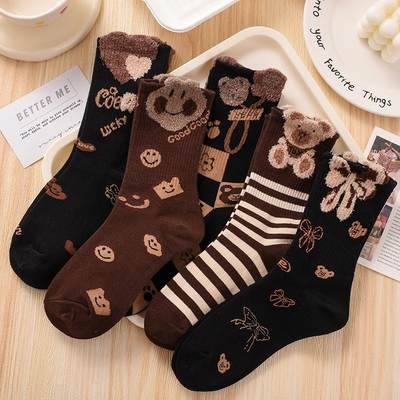 Socks Women's Autumn and Winter Cartoon Cute Bear Socks Striped Women's Socks brown Socks Warm Long Tube Zhuji Socks