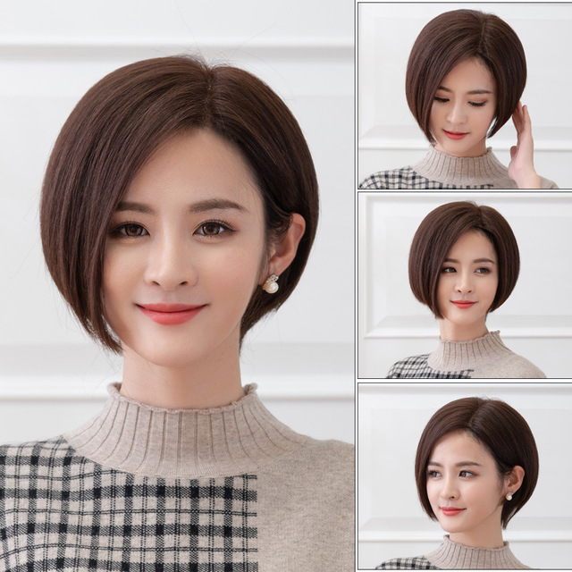 Real Hair Wig Women's Short Hair Full Headset Women's Fashion Partial bobo Short Hair Set Real bobo Head Wig Headset